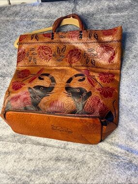 Handcrafted Tan Leather Tote with Embossed Elephant Motif